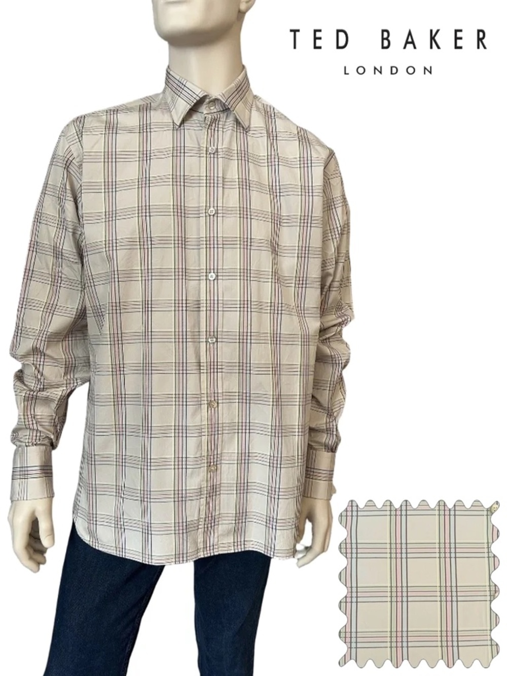 Ted Baker London Dress Shirt French Cuff Beige Multi Colour Pastel Stripes Check